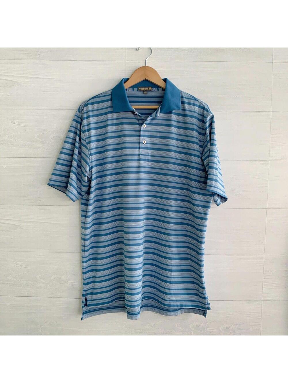 Peter Millar Summer Comfort Blue White Striped Golf Polo Mens L Performance